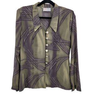 70s Blouse Artsy Disco See Through Abstract Metallic Dagger Button Sage Purple M